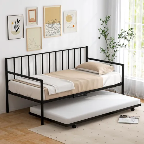 Vista 2 de Giantex Sofá cama individual con nido, sofá cama de metal tamaño individual con nido extraíble con 4 ruedas, sofá cama con soporte de listones