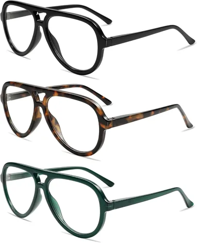Vista 2 de AMOMOMA Paquete de 3 Gafas de Lectura Aviador Retro Extragrandes para Mujeres y Hombres, Marco Grande Clásico con Filtro de Luz Azul