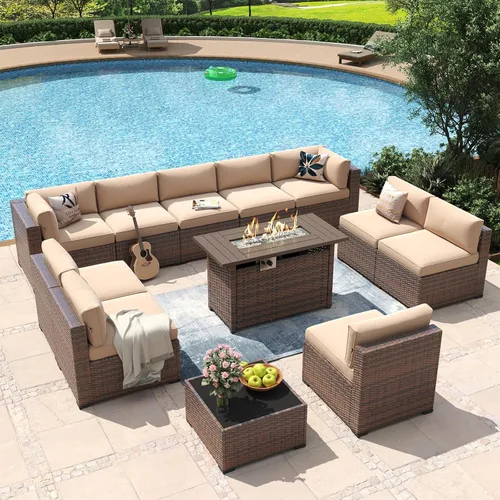 Vista 27 de Aoxun - Juego de 7 piezas de muebles de patio de mimbre de ratán, conjunto de sofá modular para conversación de patio con mesa de café y cojines