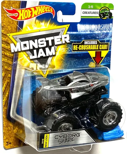 Vista 4 de Hot Wheels Monster Jam 2018 Creatures Cyborg Shark (con coche re-aplastable) escala 1:64