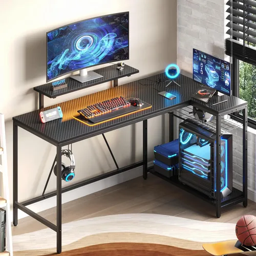 Vista 12 de Bestier - Escritorio de juegos con tomas de corriente, escritorio para computadora de 42 pulgadas en forma de L con luces LED, escritorio