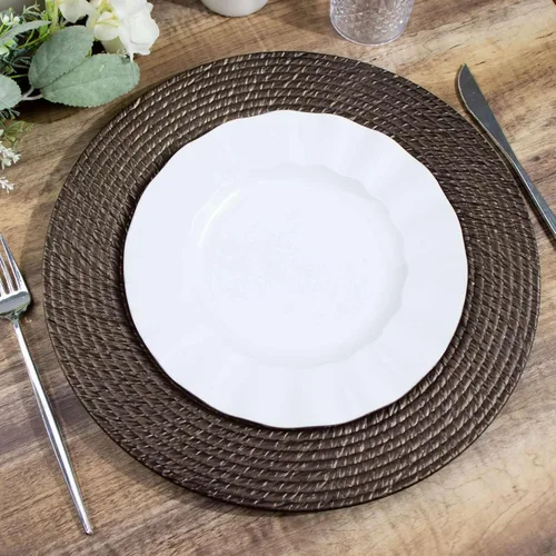 Vista 8 de Tableclothsfactory Paquete de 6 platos de carga de plástico acrílico marrón natural de 13 pulgadas tipo ratán, platos redondos desechables