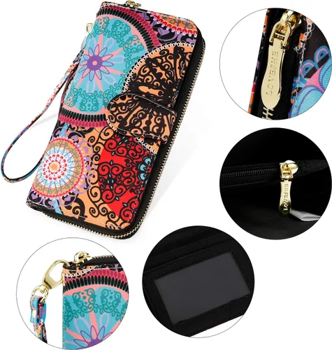Vista 5 de Cartera de mano para mujer, estilo bohemio, con RFID, elegante, espaciosa con correa para viajes, capacidad para tarjetas, teléfono, dinero