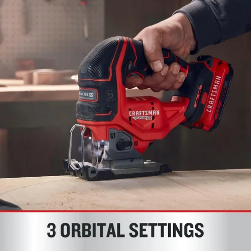 Vista 5 de CRAFTSMAN V20 RP - Sierra de calar inalámbrica, 3 ajustes orbitales, hasta 3,200 SPM, velocidad variable sin llave, solo herramienta (CMCS650B)