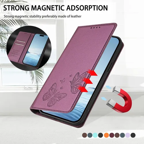 Vista 9 de Butterfly Embossed Leather Wallet Flip Case for Motorola Moto E22 4G, Magnetic Closure, RFID Blocking Cover, Card Holder Purple.