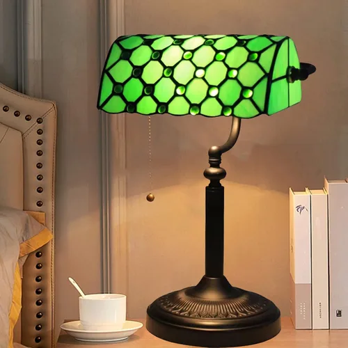Vista 9 de Green Bankers - Lámpara de mesa vintage, luz de escritorio retro, lámpara de escritorio de oficina de vidrieras Tiffany, lámpara de cuentas