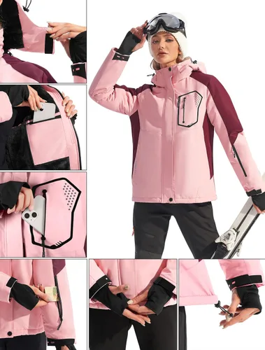 Vista 5 de Ewedoos Chaquetas de esquí de nieve para mujer con capucha desmontable, resistente al viento, chaqueta de snowboard de invierno para mujer