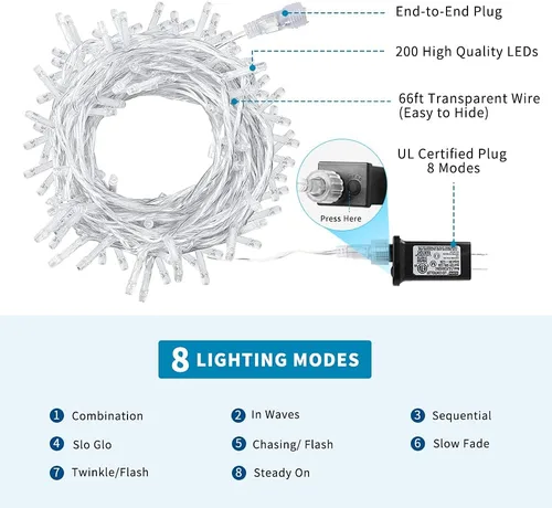 Vista 2 de Luces de Navidad azules enchufables de 66 pies, 200 luces LED conectables para árbol de Navidad, 8 modos de luces de cadena para interiores