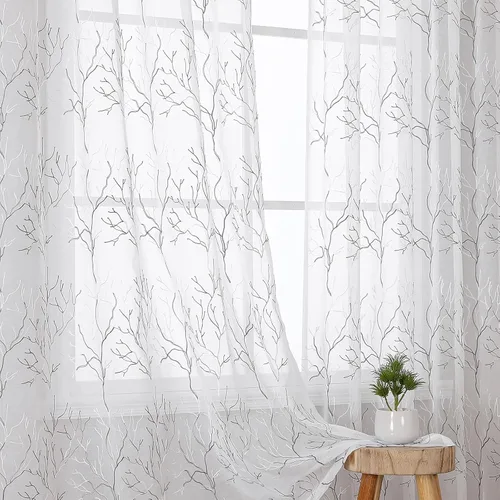 Vista 61 de VISIONTEX 2 paneles de cortinas traslúcidas de 63 in de largo, cortinas de gasa semitransparentes bordadas con hojas florales beige, bolsillo