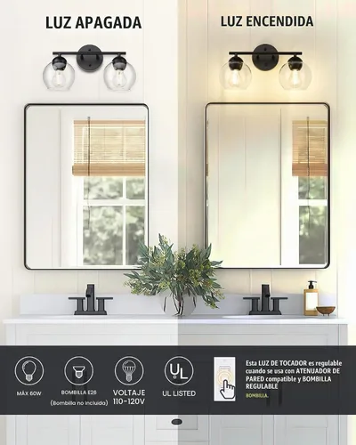 Vista 4 de Emak Lámpara de baño negra de 2 luces sobre el espejo, luces de tocador de baño con pantalla de vidrio transparente, VL114-BKL-2