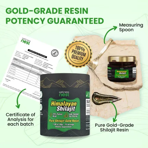 Vista 5 de Wellness Nest Resina de Shilajit Puro del Himalaya de Grado Oro: Potencia Máxima para Hombres y Mujeres - Oro 24k, Ácido Fúlvico +75%, Informe