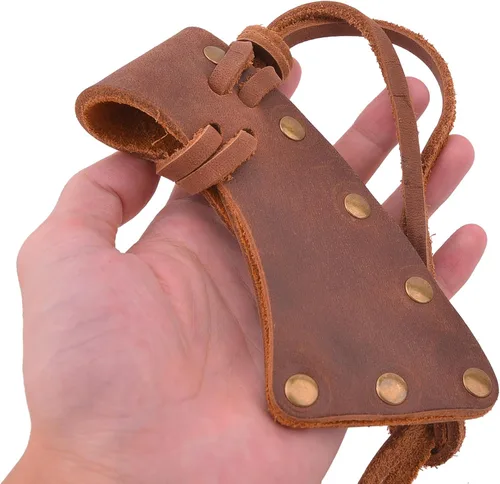 Vista 4 de Funda de cuero para hacha, funda de piel de búfalo para la cabeza del hacha con trabillas para cinturón, protector de hacha