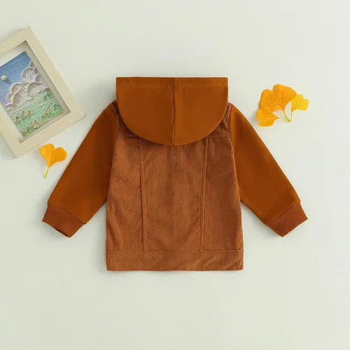 Vista 4 de Chaquetas con capucha para bebé niño con bloques de color, manga larga, con botones, camisas de pana casual, ropa de otoño
