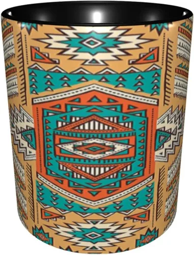 Vista 2 de Taza de café grande de cerámica, taza única tribal, patrón de tribu secreta azteca india, bohemio, 11 onzas, para oficina y hogar, naranja y verde