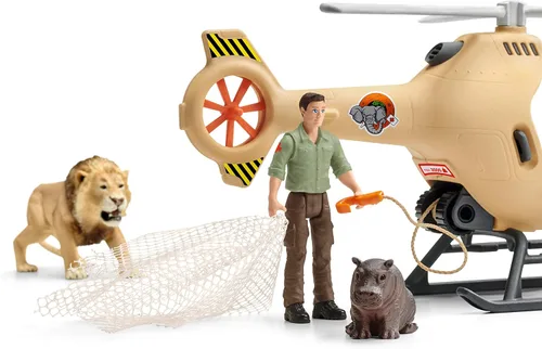 Vista 5 de Schleich Wild Life - Juego de helicóptero de rescate de animales de 8 piezas con figuras de león e hipopótamo, altamente detallado, duradero