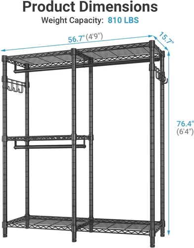 Vista 5 de VIPEK V4 - Perchero resistente para colgar ropa, capacidad de carga de 810 libras, perchero de doble barra con estantes ajustables y ganchos Negro