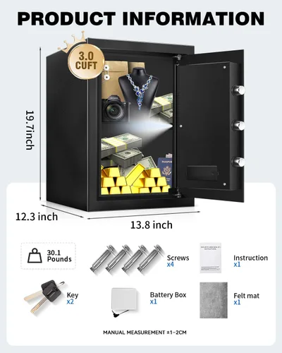 Vista 8 de Caja de seguridad grande para el hogar – Armario resistente de 3.0 pies cúbicos con luz de movimiento y alarma doble, teclado digital y llave