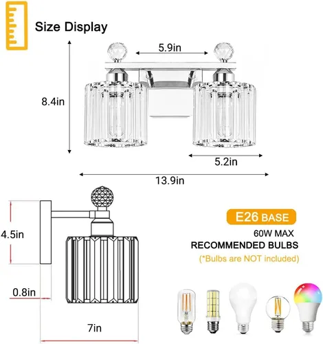 Vista 6 de Lxybcce Moderna lámpara de tocador de baño de cristal, 14 pulgadas, 2 luces, accesorios de iluminación cromados sobre el espejo, fácil instalación e
