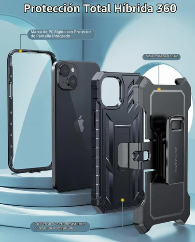 Vista 4 de FNTCASE Funda para iPhone 15 Plus con clip para cinturón y soporte, color Negro