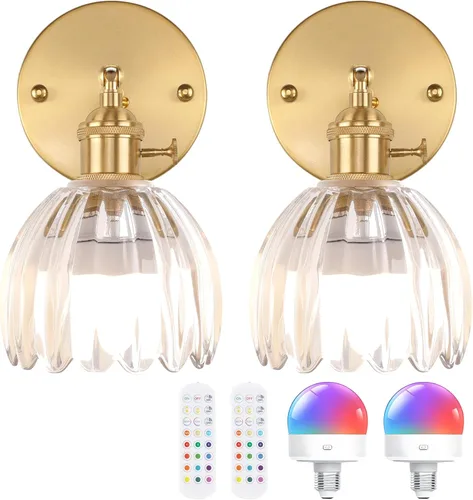 Vista 38 de Shenmoyl Aplique de pared vintage a pilas con bonita pantalla de vidrio de tulipán blanco, inalámbrico, recargable, luz de pared funciona
