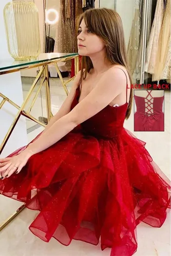Vista 2 de ZSHAOLHYJYZS Vestidos escalonados de regreso a casa 2025 con cuello en V y purpurina de tul con tirantes delgados, vestidos cortos de graduación