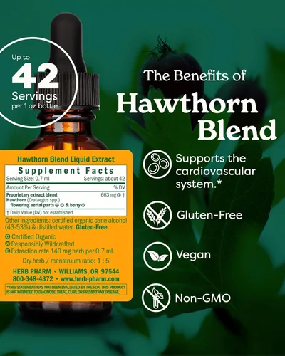 Vista 2 de Herb Pharm Gotas de extracto líquido Hawthorn Blend para apoyo cardiovascular y circulatorio, 1 onza