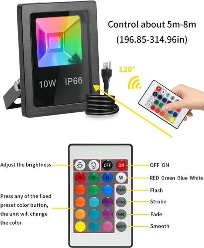 Vista 6 de T-SUN Luz de inundación LED, luces de seguridad impermeables RGB de 10 W, con enchufe de EE. UU., control remoto súper brillante, foco