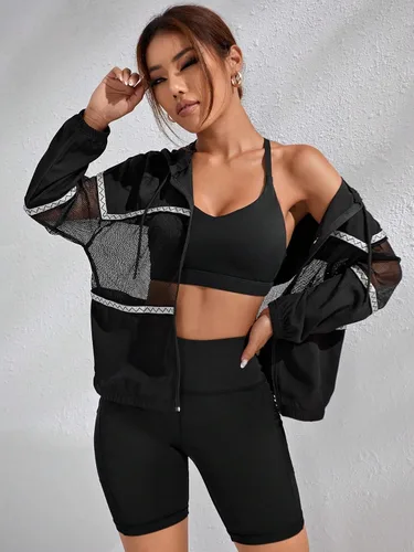 Vista 5 de Floerns Chaqueta deportiva con capucha y cordón de manga larga de malla en contraste para mujer