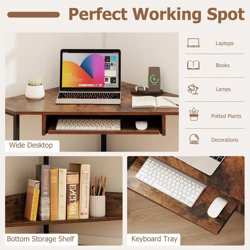 Vista 8 de Tangkula Escritorio esquinero con bandeja para teclado, escritorio de esquina triangular de 90 grados para espacio pequeño, escritorio industrial