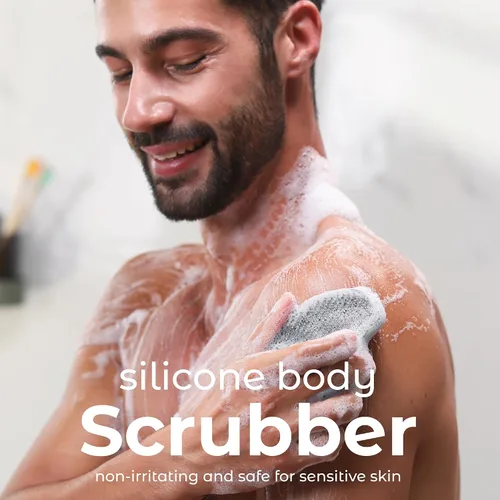 Vista 2 de MainBasics - Limpiador corporal de silicona de doble cara, negro, masaje Limpiador de ducha con nodos de masaje, alternativa de esponja