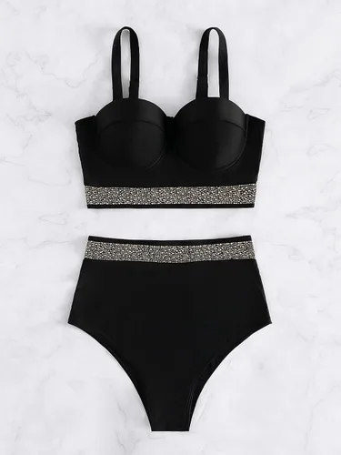 Vista 3 de MakeMeChic Traje de baño de 2 piezas para mujer con ribete de diamantes de imitación push up de cintura alta