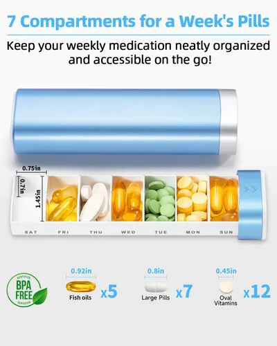 Vista 2 de Betife Pastillero de viaje semanal de 7 días, pastillero diario compacto, estuche portátil para medicamentos, lindo pastillero para suplementos