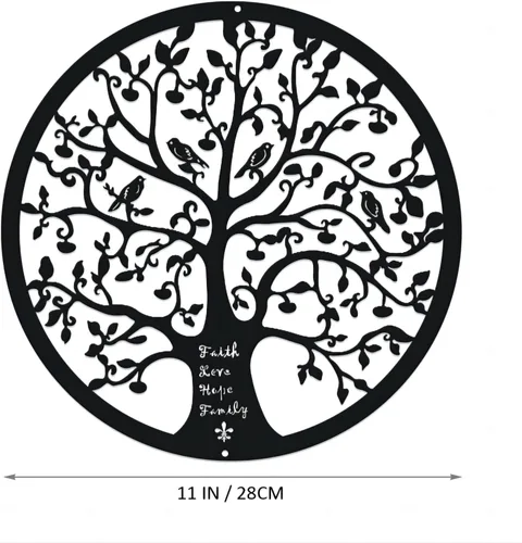 Vista 3 de ESTART Adorno de pared de 28 cm con diseño de árbol de la vida, escultura colgante de metal, placa familiar, decorativa para balcón, porche