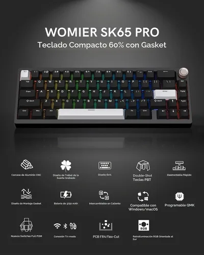 Vista 2 de Teclado mecánico inalámbrico Womier SK65 para juegos con perilla, teclado de aluminio del 60 por ciento para PC, Bluetooth 5.0/2.4GHz/USB-C