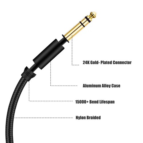 Vista 5 de Cable de instrumento TRS de 1/4 pulgadas de 3 pies, TRS de 0.250 in a 0.250 in TRS Cable de audio estéreo macho a macho de ángulo recto a recto