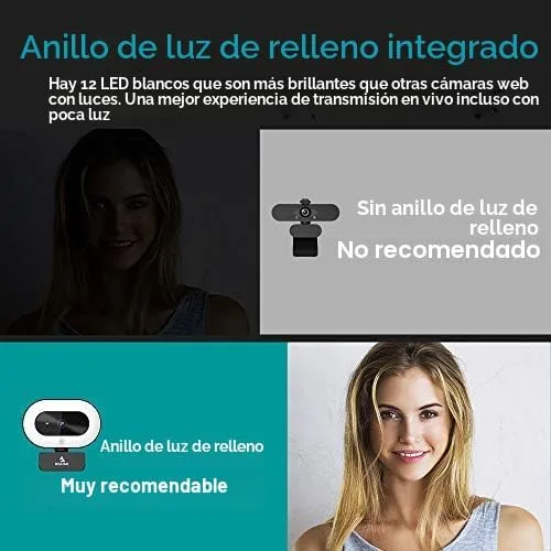 Vista 5 de NexiGo StreamCam N930E con software, cámara web de 1080P con luz de anillo y cubierta de privacidad, enfoque automático, Plug and Play, cámara web