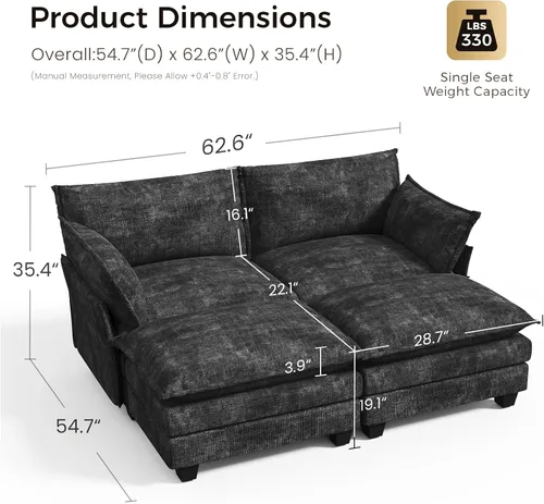Vista 2 de KKL Sofá Cama Seccional Modular, Sofá Cama Convertible Seccional en Forma de L de 4 Plazas con Otomana, Sofá Nube de Chenilla Seccional para Sala