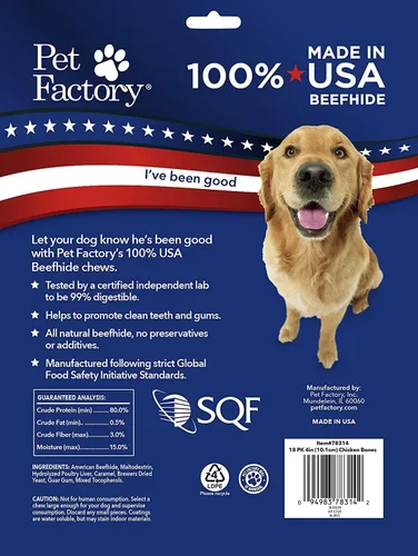 Vista 2 de Pet Factory Golosinas masticables para perros, 100% fabricadas en Estados Unidos, huesos anudados de 4 pulgadas, sabor a pollo, 18 unidades/1 paquete