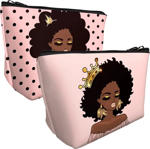 Vista 2 de Bolsa de maquillaje Melanin para mujer, bolsa de cosméticos impresa portátil, bolsa de aseo de viaje, bolsa organizadora de maquillaje para mujeres