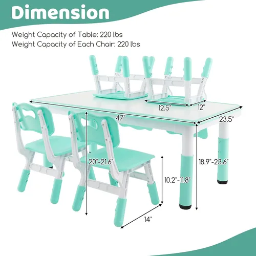 Vista 6 de Costzon Juego de mesa y 4 sillas para niños, escritorio y sillas para niños pequeños de altura ajustable con escritorio de graffiti, patas Verde