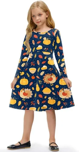 Vista 3 de BesserBay Vestido midi de pavo con estampado de Acción de Gracias para niñas de 4 a 12 años