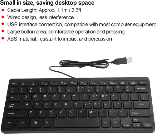 Vista 4 de Dilwe K1000 Teclado USB con cable compacto Mini portátil que ahorra espacio Plug and Play Ergonómico PC Compatible Negro
