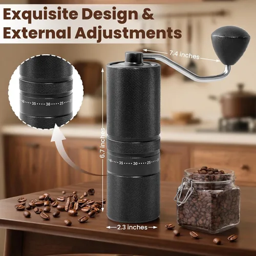 Vista 2 de Molinillo de café manual con 60 ajustes ajustables, molinillo de café portátil de mano con capacidad de 0.99 oz, molinillo de café cónico de acero
