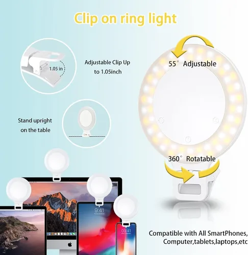 Vista 3 de Anillo de luz para selfie, control táctil de luz de anillo con clip, recargable de 800 mAh, 60 luces LED circulares con 3 modos de luz