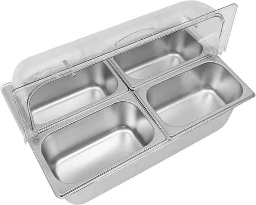 Vista 6 de Recipiente de acero inoxidable para servir alimentos de 4 bandejas con tapa, servidor de condimentos con cucharas, abrazaderas, bolsas de agua