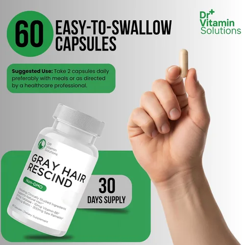 Vista 3 de Gray Hair Rescind with Catalase - Vitaminas antienvejecimiento para el cabello, la piel y las uñas, ácido pantoténico, ácido fólico 400mcg, biotina