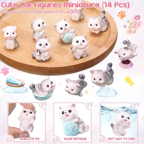 Vista 2 de 14 figuras de gato, lindas figuras en miniatura, decoración de tartas de gato, paisaje de musgo, resina impermeable, gatito, jardín, terrario en Gris