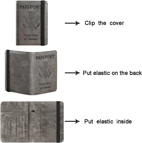 Vista 5 de Funda para pasaporte, cartera, artículos esenciales de viaje, con bloqueo RFID, funda de piel para tarjetas de viaje internacionales, accesorios