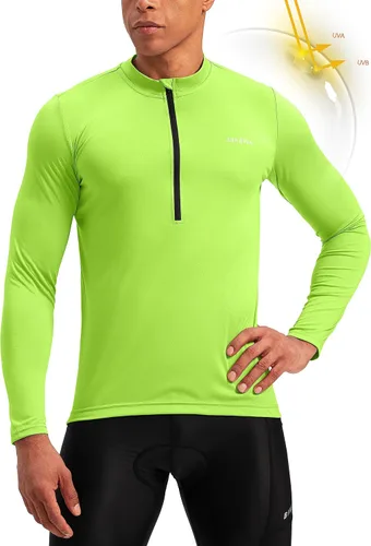 Vista 2 de Bikewa Maillot de ciclismo para hombre con 3+1 bolsillos traseros con cremallera, manga larga, absorción de humedad, UPF 50+ media cremallera