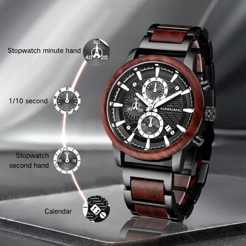 Vista 3 de IK COLOURING Relojes de madera para hombre, cronógrafo de cuarzo multifuncional y reloj de visualización de fecha para hombre, reloj de pulsera